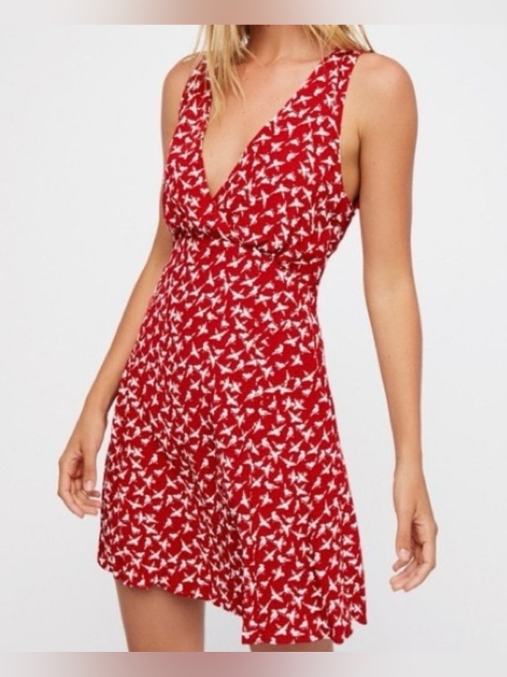 NWOT Free People Walk Me Home Red Bird Print Mini Dress Boho Plunge V-Neck Sz 8